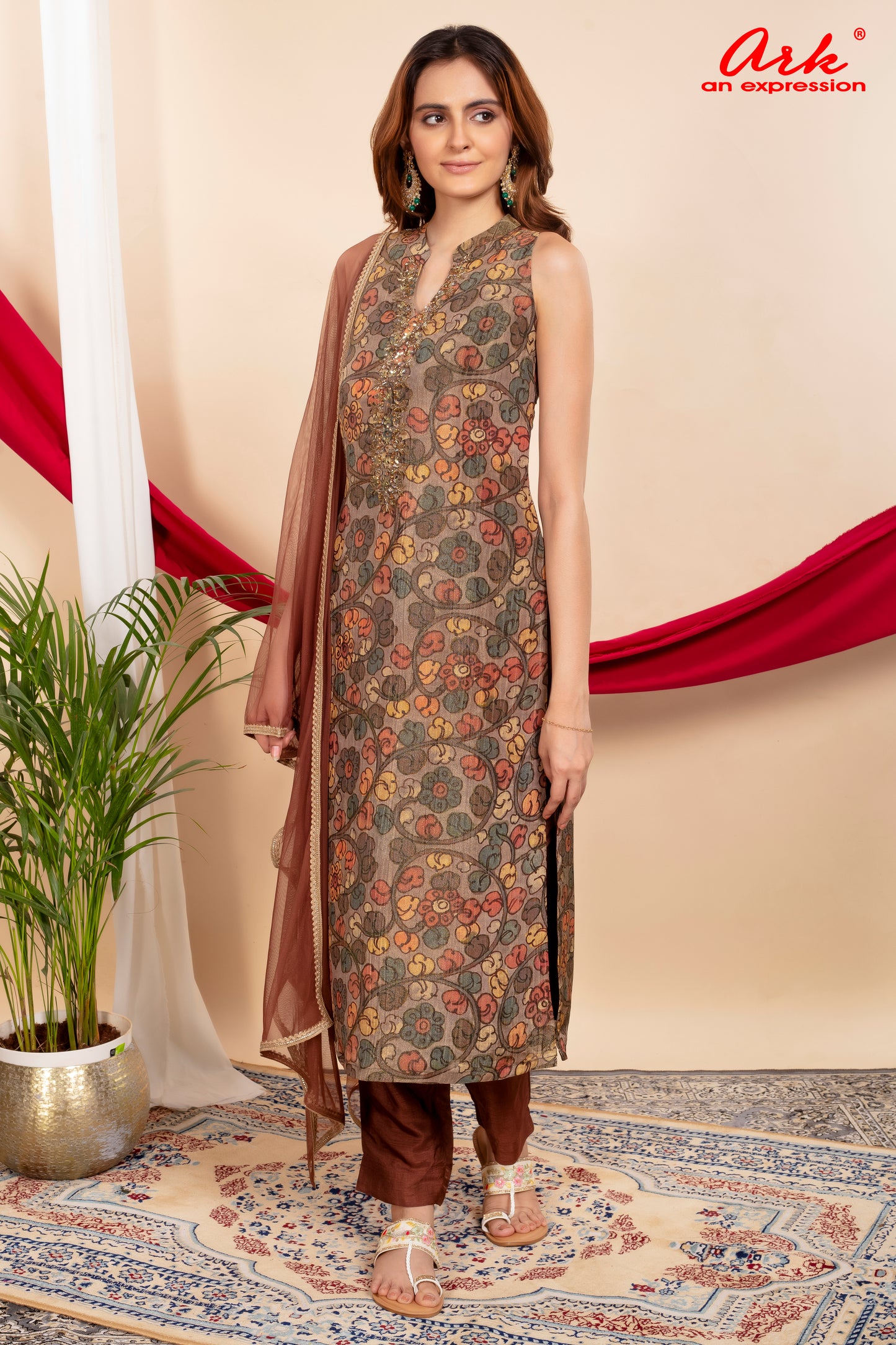 Brown Tissue Printed Straight Suit Dupatta Set with Hand Embroidery | Label Anju Kumar