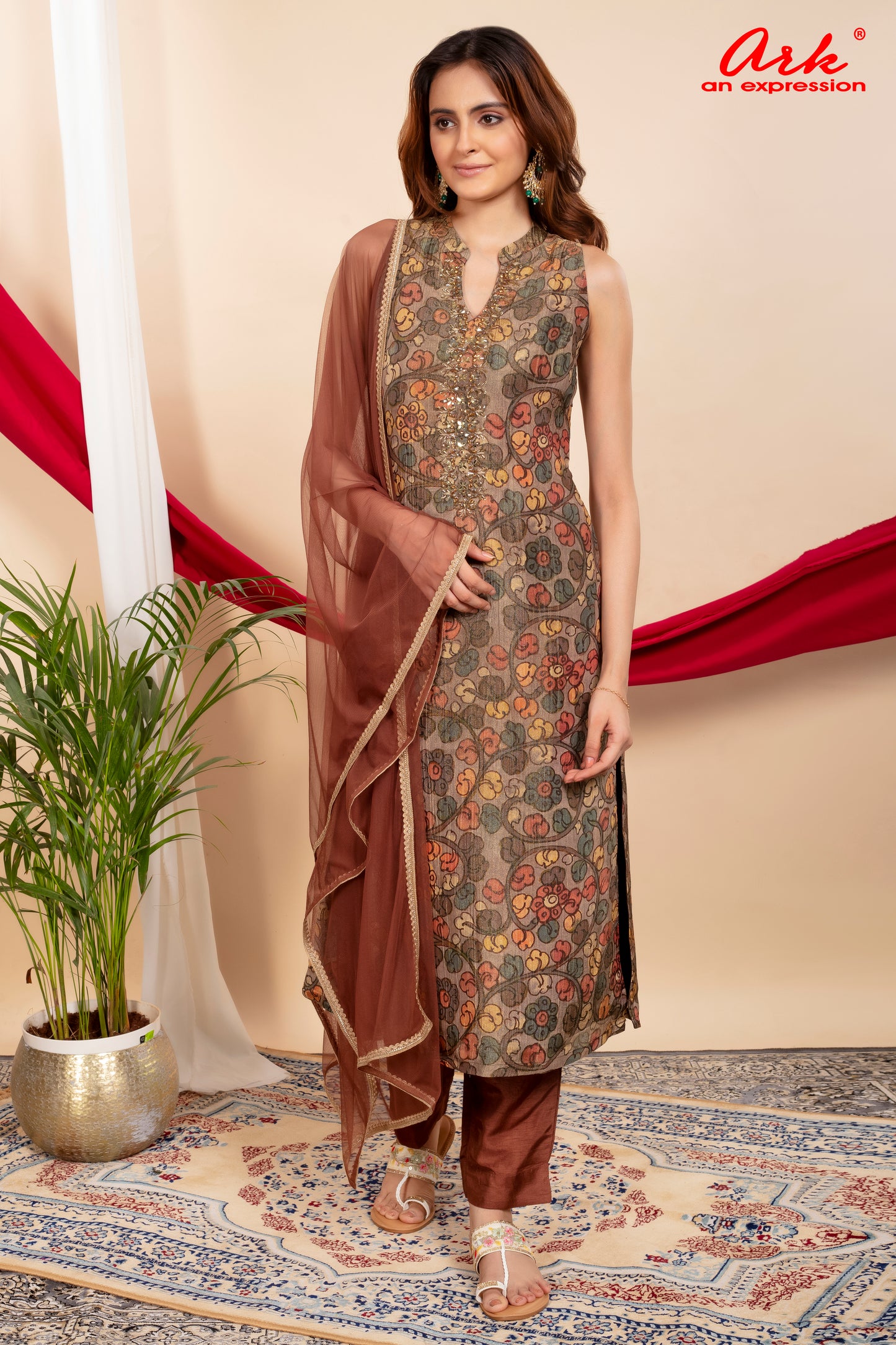 Brown Tissue Printed Straight Suit Dupatta Set with Hand Embroidery | Label Anju Kumar