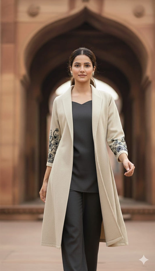 Cream Woollen 3-Piece Winter Set with Tweed Handwork Jacket – Women’s Ethnic Wear