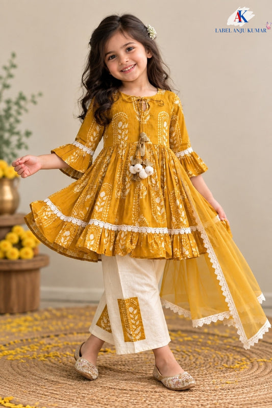 Mustard Printed Pure Cotton Frock Style Suit for Girls with Khadi Trouser & Net Dupatta