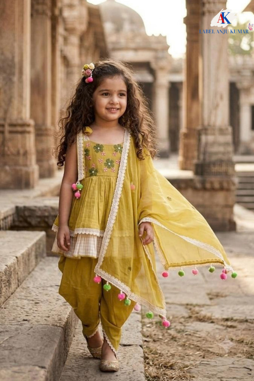 Green Pure Cotton Dhoti Salwaar Set for Girls with Embroidery & Net Dupatta