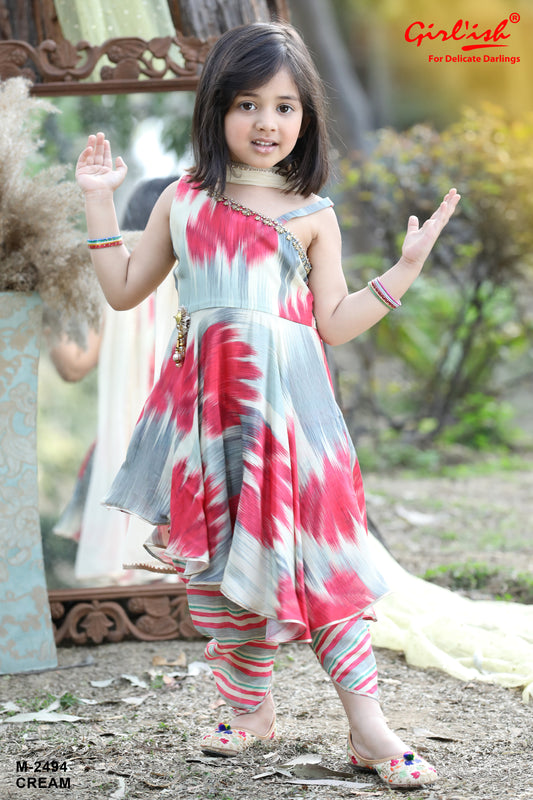 Multicolour Ikkat Print Off-Shoulder Dhoti Suit Set for Girls | Pure Muslin Kids Ethnic Wear