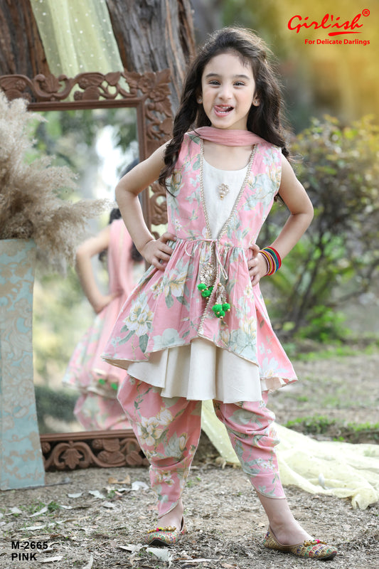Offwhite & Baby Pink Cotton Dhoti Set with Jacket & Dupatta – Kids Ethnic Wear | Label Anju Kumar