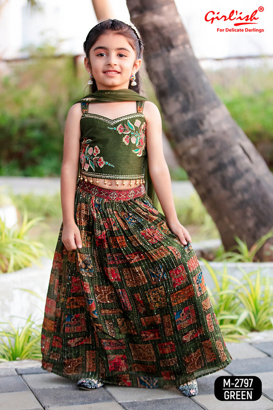 Embroidered Lehenga Choli Set for Girls – Green & Blue | Silk Choli, Chinon Lehenga, Net Dupatta | Label Anju Kumar