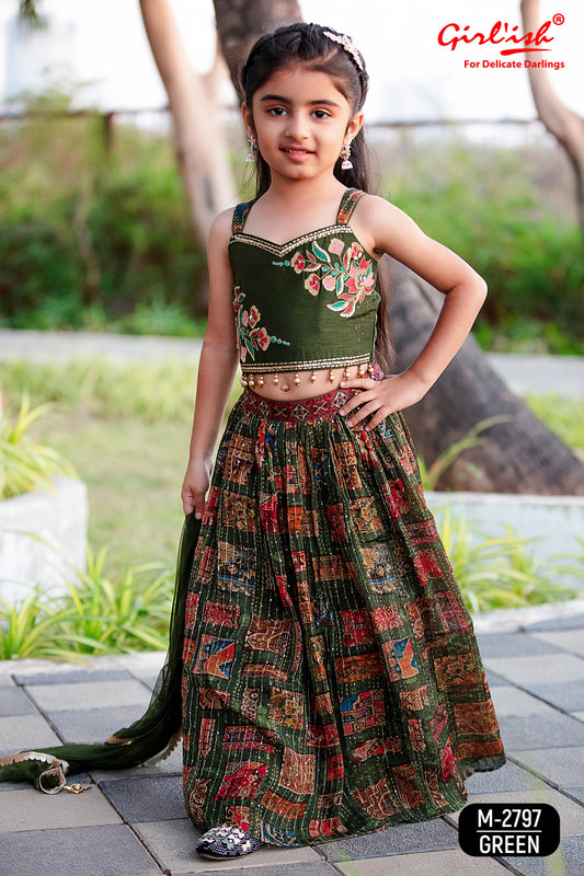 Embroidered Lehenga Choli Set for Girls – Green & Blue | Silk Choli, Chinon Lehenga, Net Dupatta | Label Anju Kumar