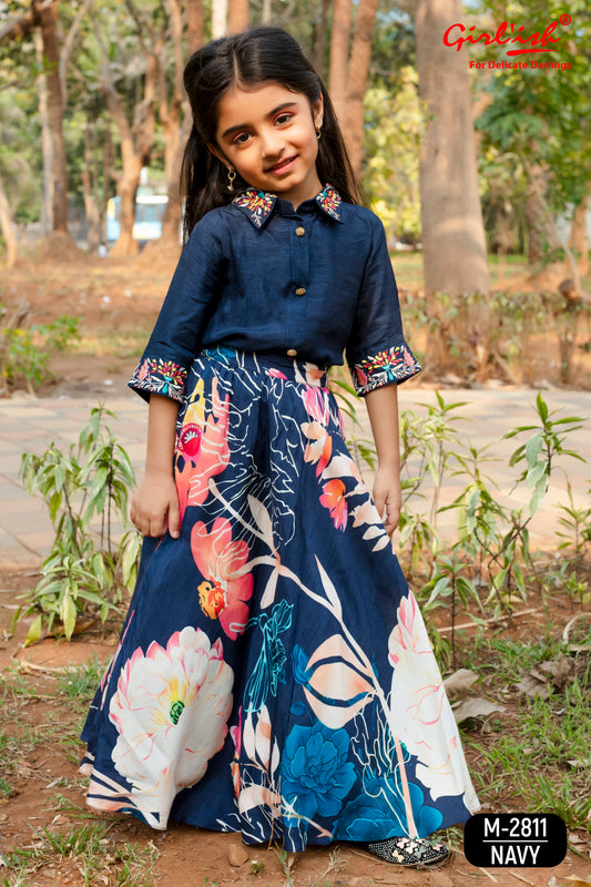 Navy Blue Kids Lehenga Choli – Shirt Style Silk Choli with Thread Work & Printed Lehenga | Net Dupatta | Ages 3m–18y
