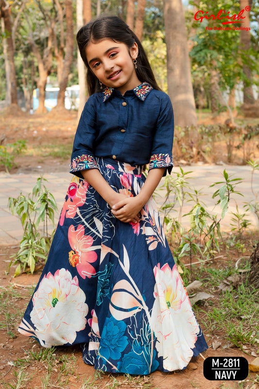 Navy Blue Kids Lehenga Choli – Shirt Style Silk Choli with Thread Work & Printed Lehenga | Net Dupatta | Ages 3m–18y