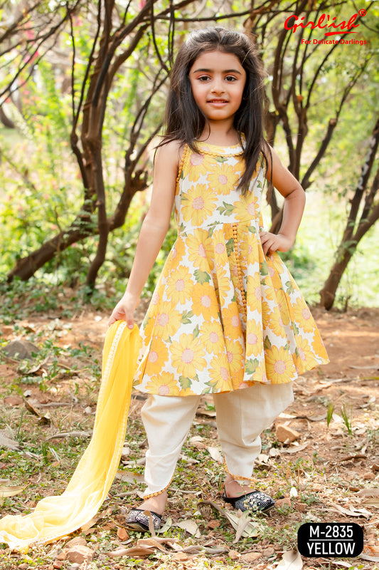 Yellow Floral Cotton Shirt with Off-White Dhoti & Dupatta – Kids Ethnic Dhoti Set | Label Anju Kumar