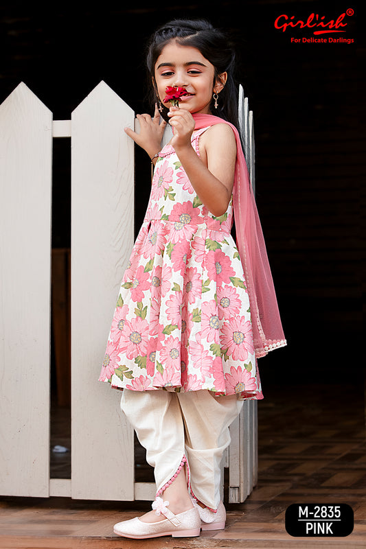 Pink Floral Cotton Dhoti Set with Dupatta – Traditional Ethnic Wear for Girls | Label Anju Kumar