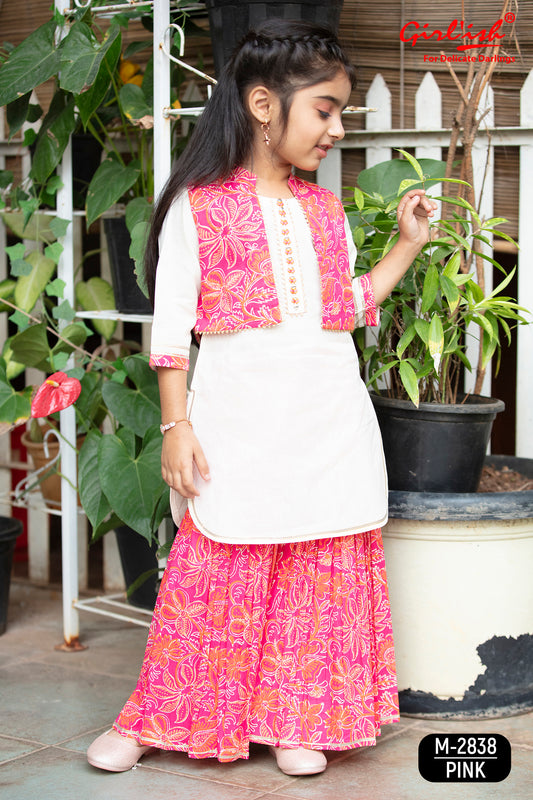 Off-White Cotton Sharara Set with Pink Printed  Short Jacket – Girls Summer Ethnic Wear