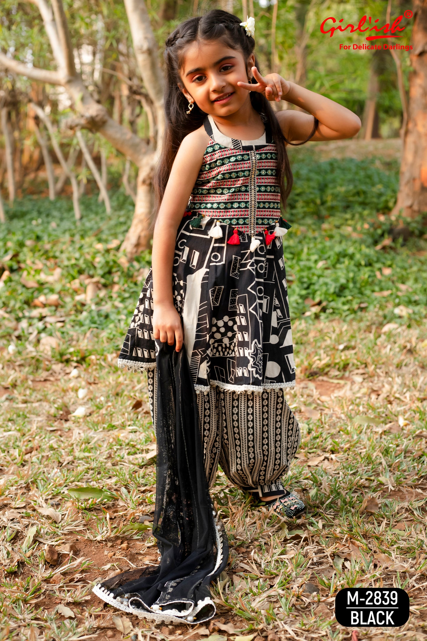 Black & White Printed Halter Neck Pathani salwar Suit Set for Girls | Pure Cotton Kids Ethnic Wear