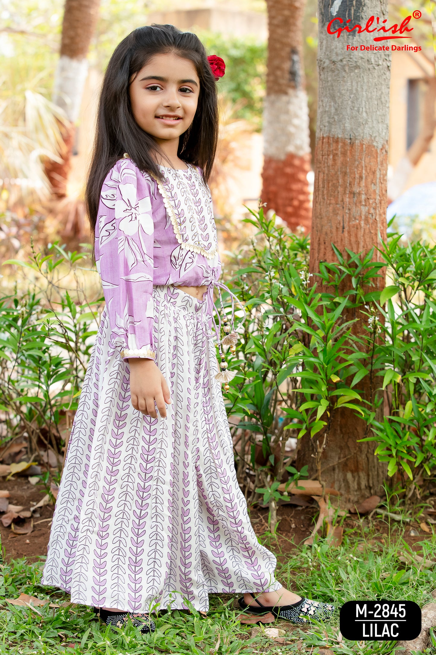 Lilac Printed Muslin Crop Top with Gathered Plazo Set for Girls | Summer Kids Ethnic Wear