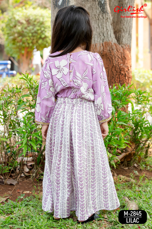 Lilac Printed Muslin Crop Top with Gathered Plazo Set for Girls | Summer Kids Ethnic Wear
