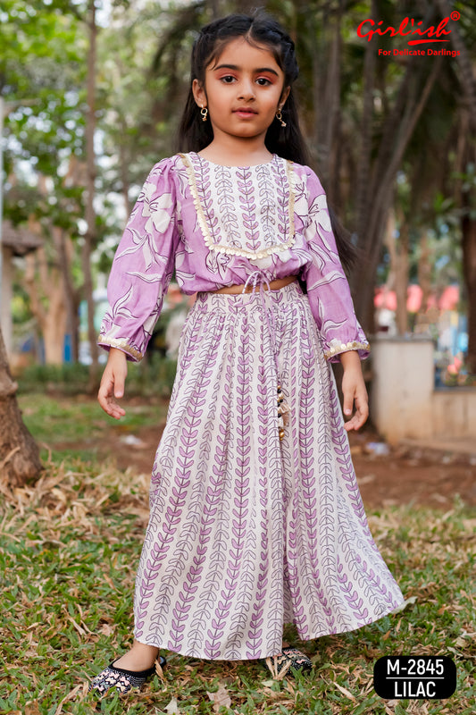 Lilac Printed Muslin Crop Top with Gathered Plazo Set for Girls | Summer Kids Ethnic Wear
