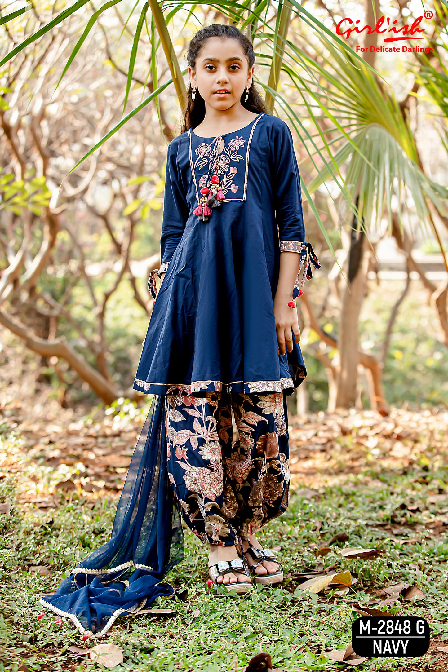 Navy Blue Kids’ Anarkali Dupatta Set | Cotton Embroidered Neck | Label Anju Kumar