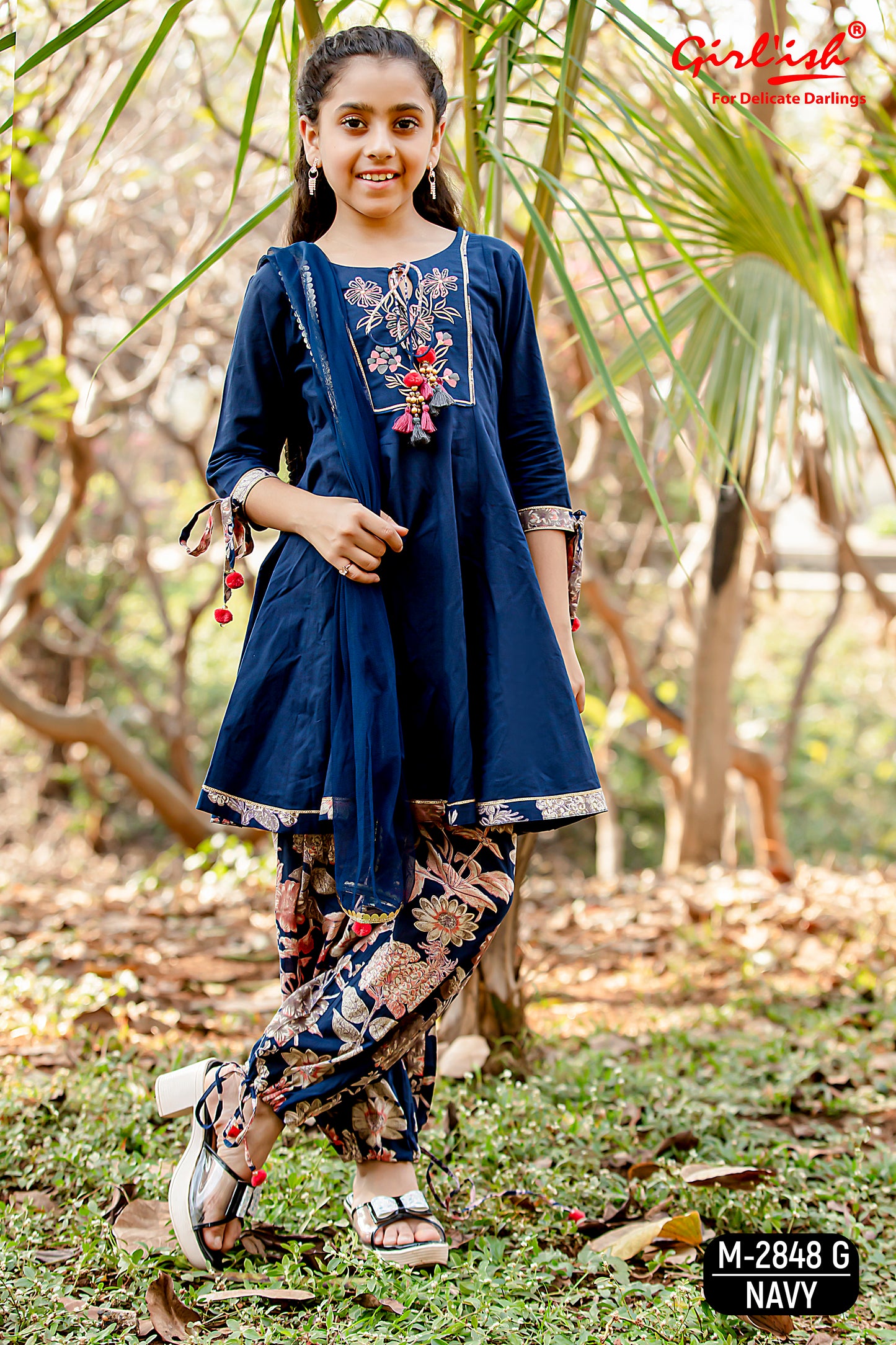 Navy Blue Kids’ Anarkali Dupatta Set | Cotton Embroidered Neck | Label Anju Kumar