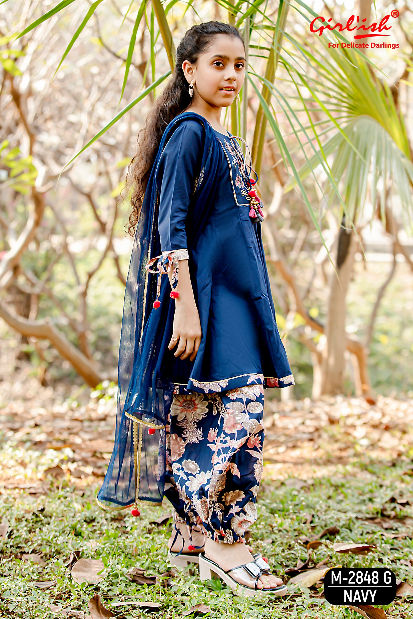 Navy Blue Kids’ Anarkali Dupatta Set | Cotton Embroidered Neck | Label Anju Kumar