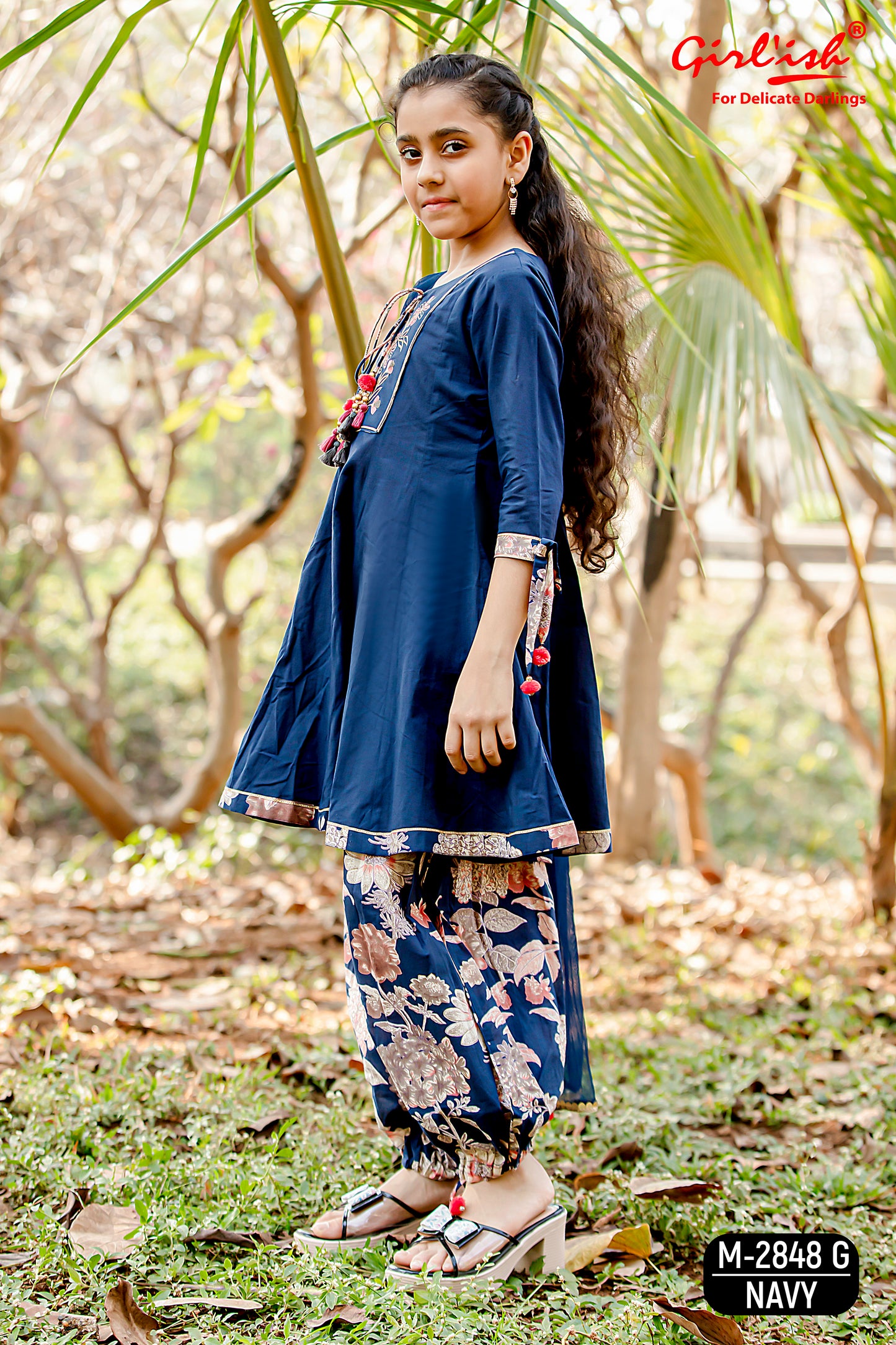 Navy Blue Kids’ Anarkali Dupatta Set | Cotton Embroidered Neck | Label Anju Kumar
