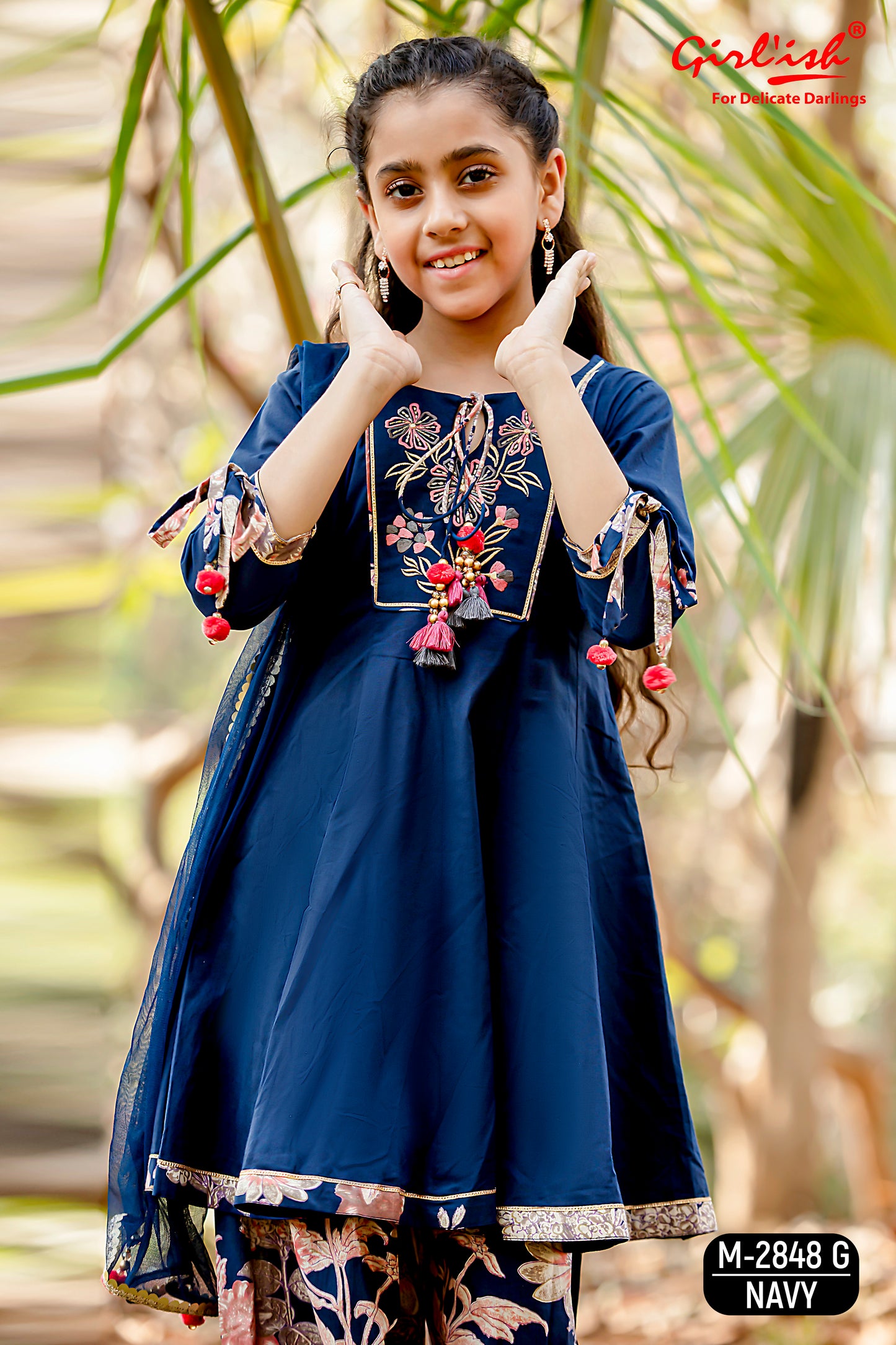 Navy Blue Kids’ Anarkali Dupatta Set | Cotton Embroidered Neck | Label Anju Kumar