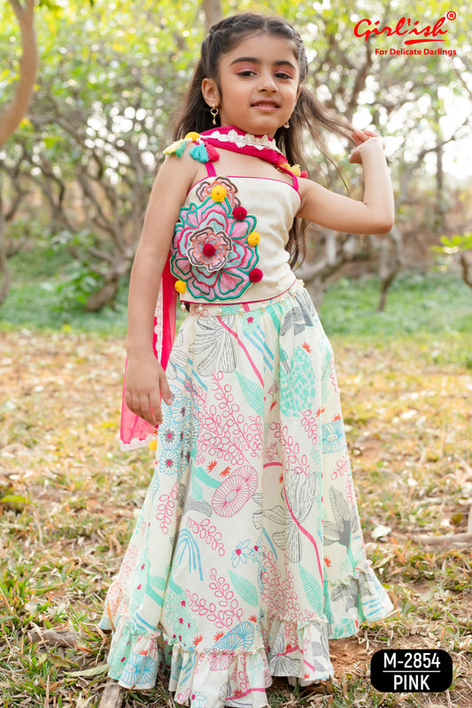 Off-White Cotton Choli with Multicolour Printed Lehenga & Dupatta – Kids Ethnic Wear | Label Anju Kumar