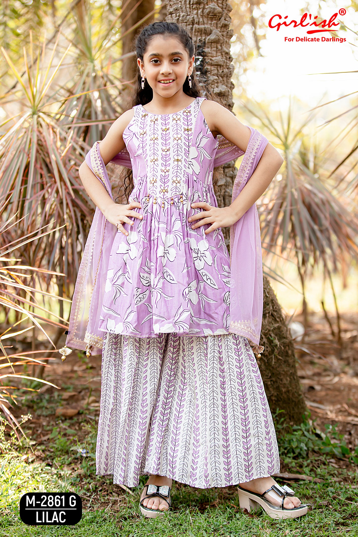 Kids Lilac Muslin Sharara Set with Handwork & Dupatta – Label Anju Kumar