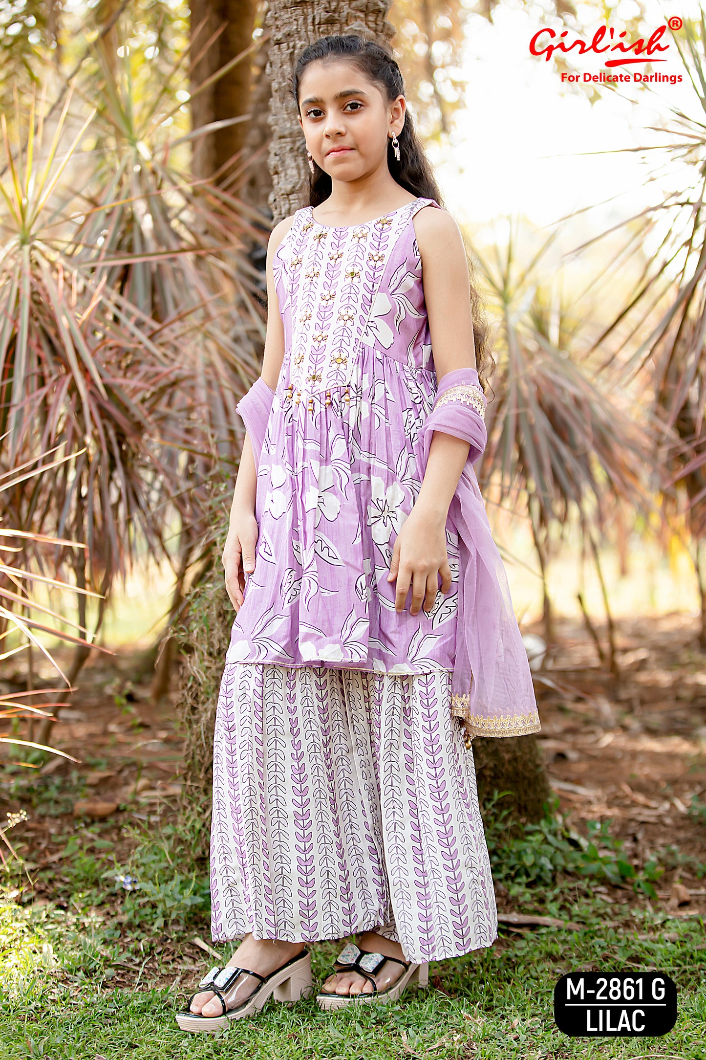 Kids Lilac Muslin Sharara Set with Handwork & Dupatta – Label Anju Kumar