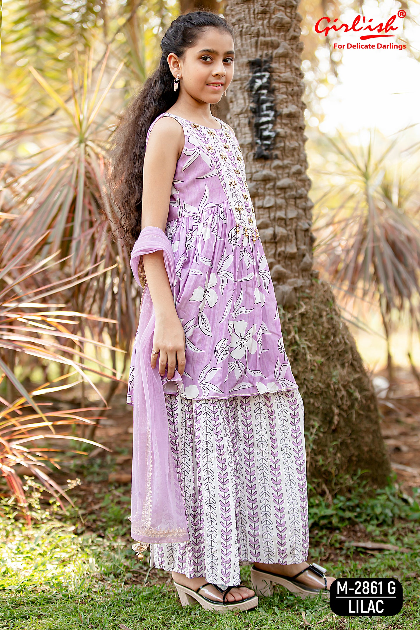 Kids Lilac Muslin Sharara Set with Handwork & Dupatta – Label Anju Kumar