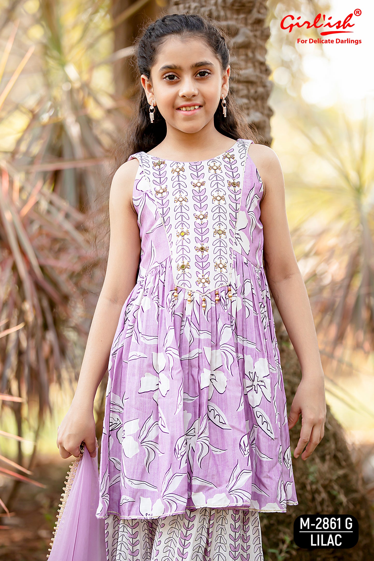 Kids Lilac Muslin Sharara Set with Handwork & Dupatta – Label Anju Kumar