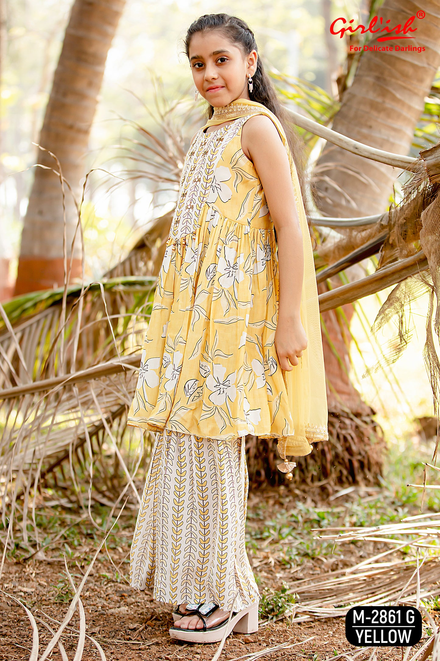 Kids Yellow Muslin Sharara Set with Handwork & Dupatta – Label Anju Kumar