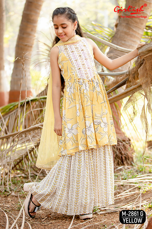 Kids Yellow Muslin Sharara Set with Handwork & Dupatta – Label Anju Kumar