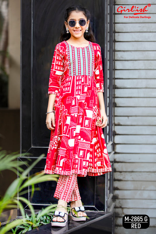 Red Printed Cotton Anarkali Suit Set for Girls with Trouser & Net Dupatta | Thread Embroidery | Ethnic Wear (8–18 Years) – Label Anju Kumar