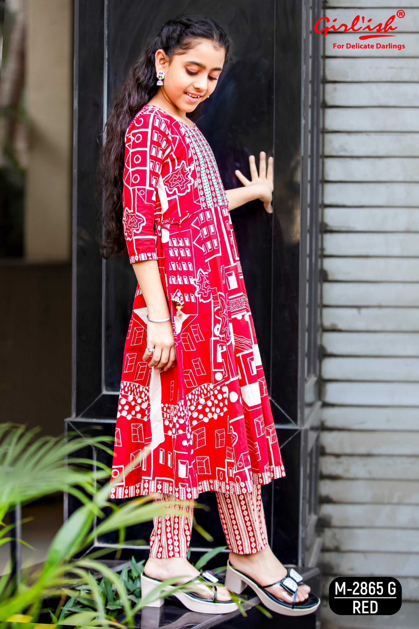 Red Printed Cotton Anarkali Suit Set for Girls with Trouser & Net Dupatta | Thread Embroidery | Ethnic Wear (8–18 Years) – Label Anju Kumar