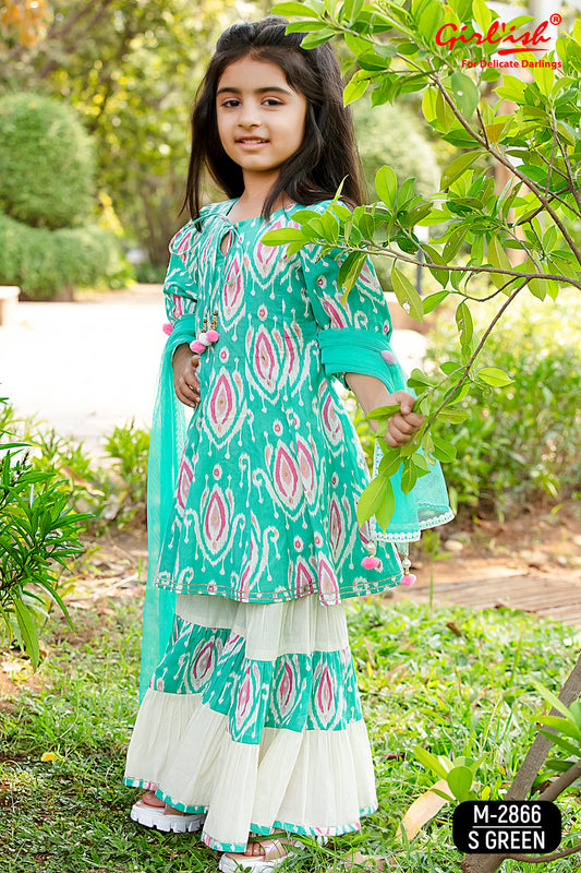 Sea Green Cotton Anarkali Sharara & Dupatta Set for Girls – Kids Ethnic Wear | Label Anju Kumar