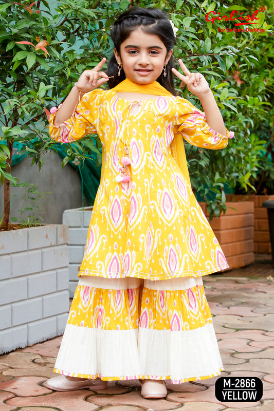 Yellow Cotton Anarkali Sharara & Dupatta Set for Girls – Kids Ethnic Wear | Label Anju Kumar
