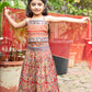 Red Kalamkari Print Cotton Lehenga Choli Set for Girls with Embroidery & Net Dupatta | Kids Ethnic Wear