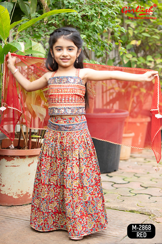 Red Kalamkari Print Cotton Lehenga Choli Set for Girls with Embroidery & Net Dupatta | Kids Ethnic Wear