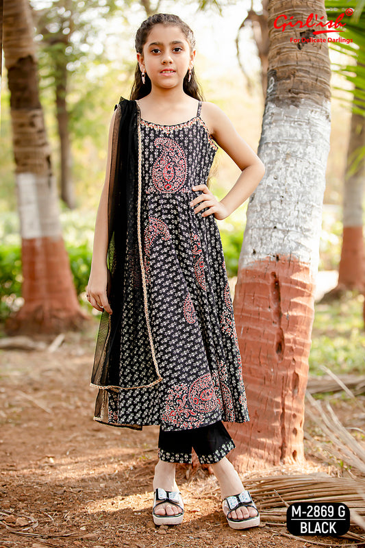 Black Printed Spaghetti Anarkali Suit Set for Girls with Trouser & Net Dupatta | Thread Embroidery | Ethnic Wear (8–18 Years) – Label Anju Kumar