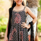 Black Printed Spaghetti Anarkali Suit Set for Girls with Trouser & Net Dupatta | Thread Embroidery | Ethnic Wear (8–18 Years) – Label Anju Kumar