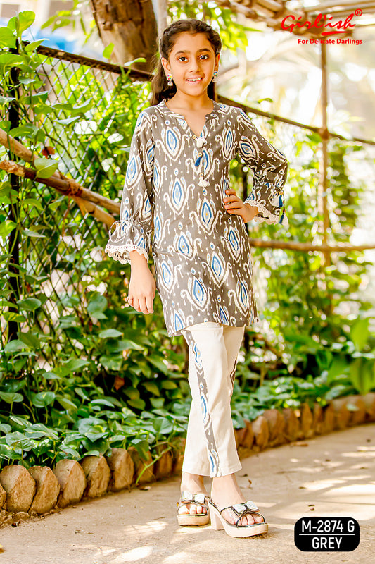 Grey Ikkat Print Cotton Coord Set for Girls with Offwhite Trousers | Summer Casual Wear (8–18 Years) – Label Anju Kumar