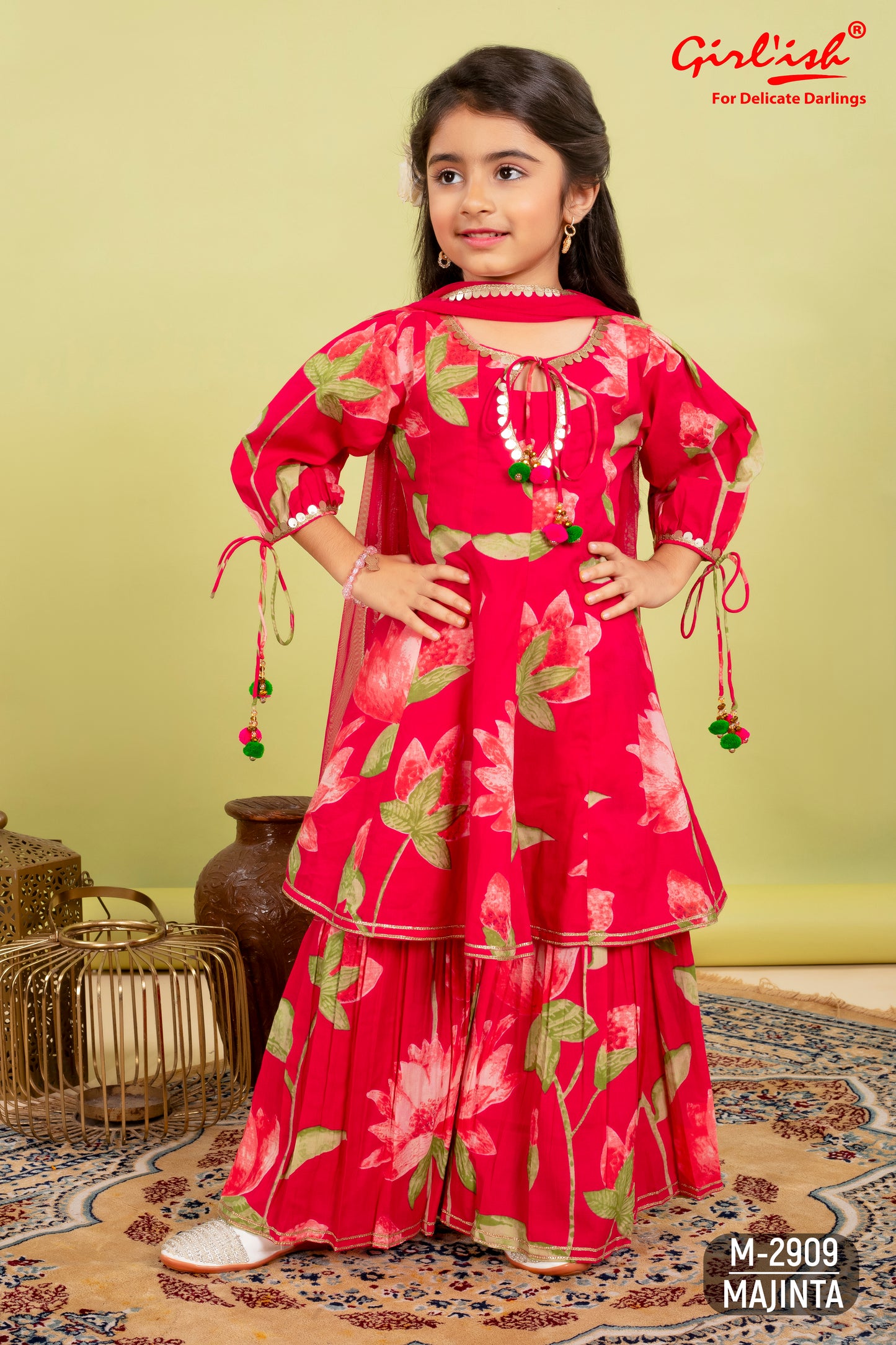 Majenta Pure Cotton Kids Anarkali + Sharara Set with Net Dupatta | Label Anju Kumar Kids