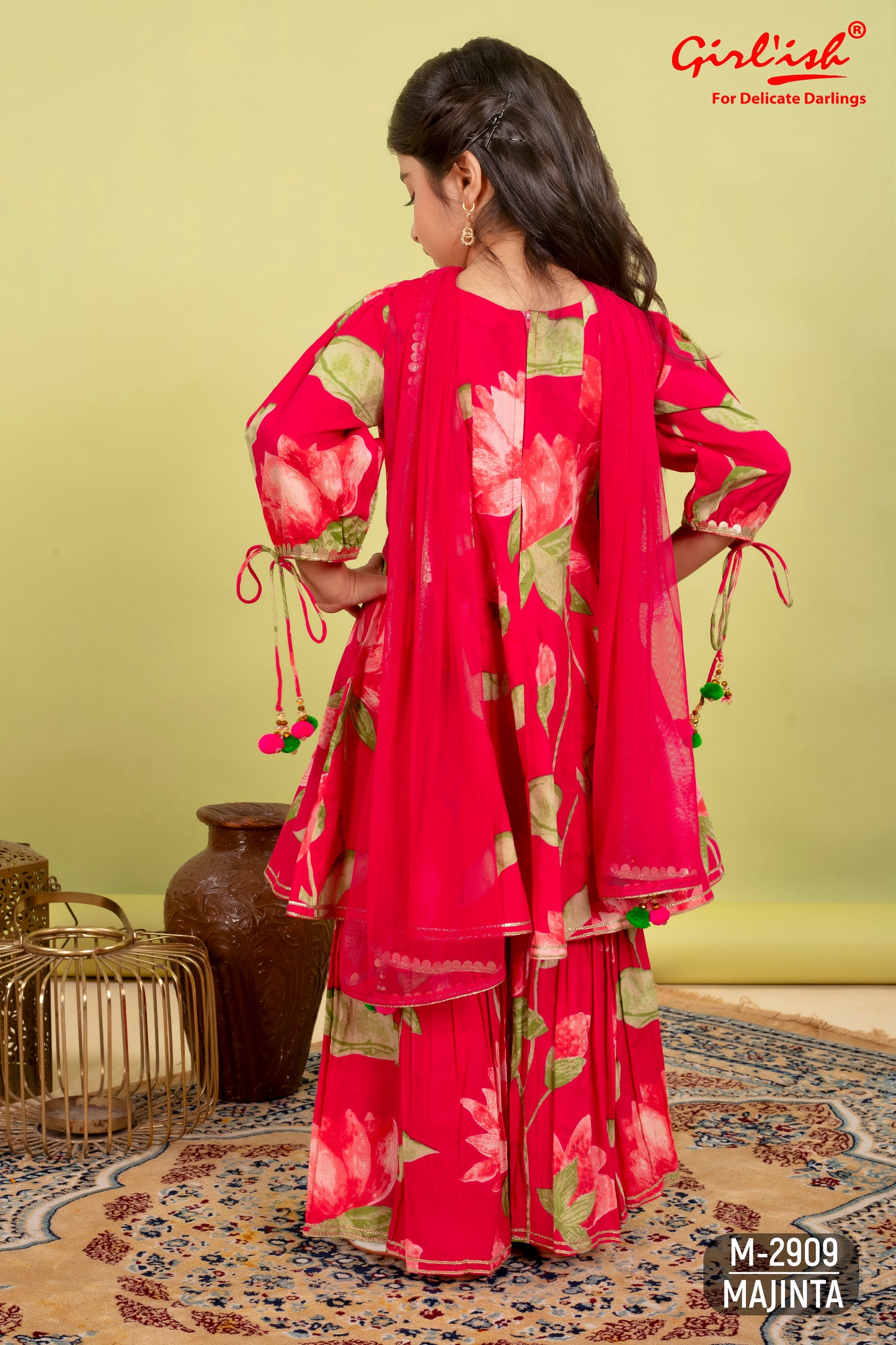 Majenta Pure Cotton Kids Anarkali + Sharara Set with Net Dupatta | Label Anju Kumar Kids