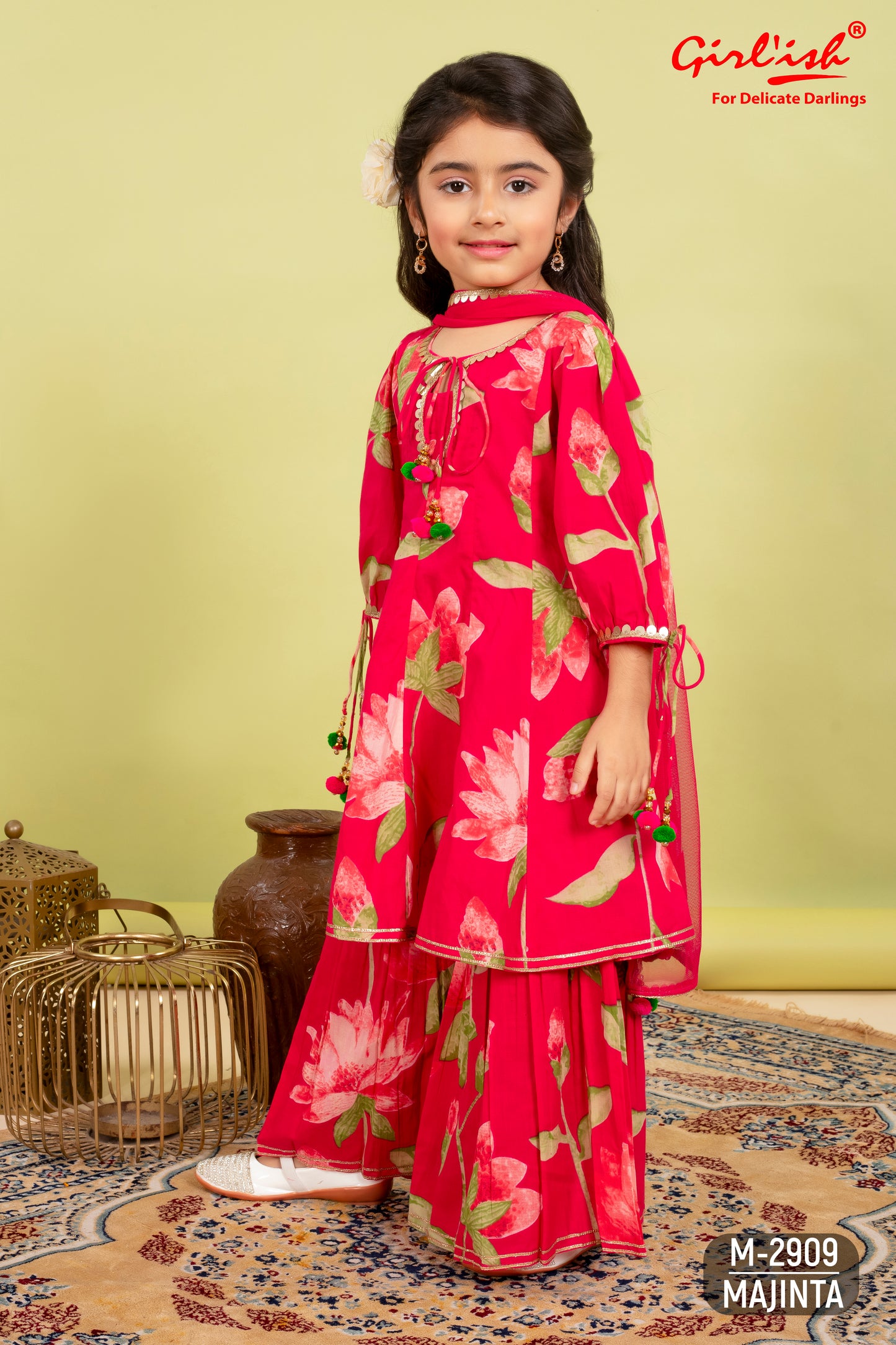 Majenta Pure Cotton Kids Anarkali + Sharara Set with Net Dupatta | Label Anju Kumar Kids
