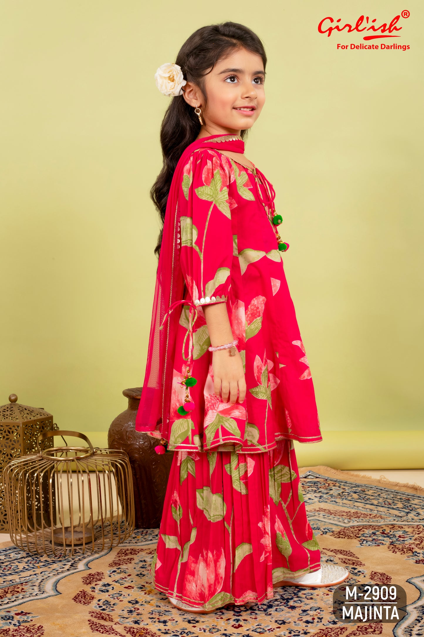 Majenta Pure Cotton Kids Anarkali + Sharara Set with Net Dupatta | Label Anju Kumar Kids