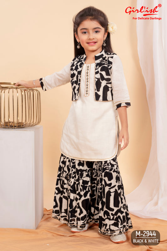 Kids Black & White Cotton Sharara Suit with Printed Shrug – Festive Ethnic Wear | Label Anju Kumar