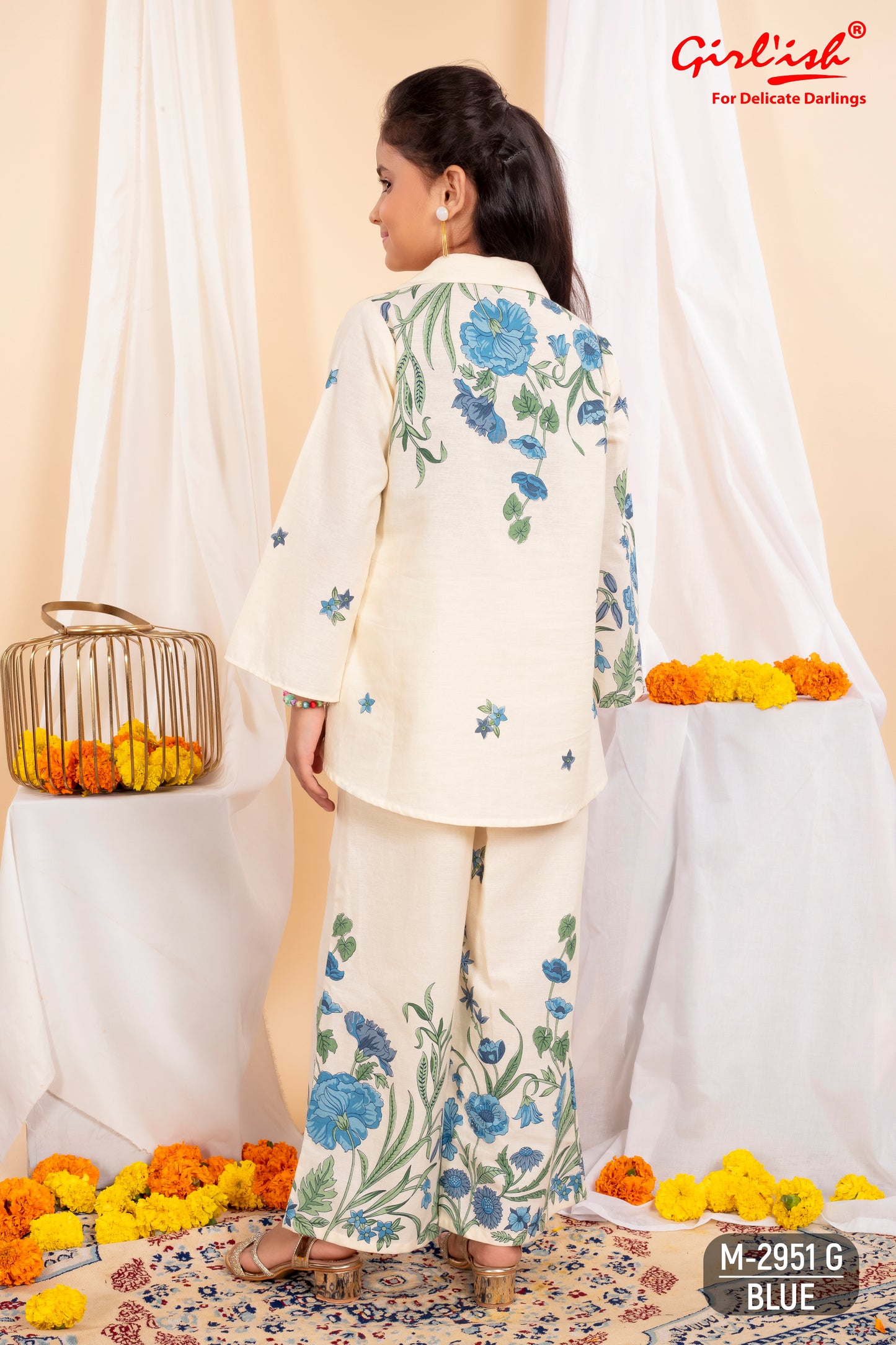 Girls’ Pure Cotton Offwhite Coord Set with Blue Floral Print | Label Anju Kumar