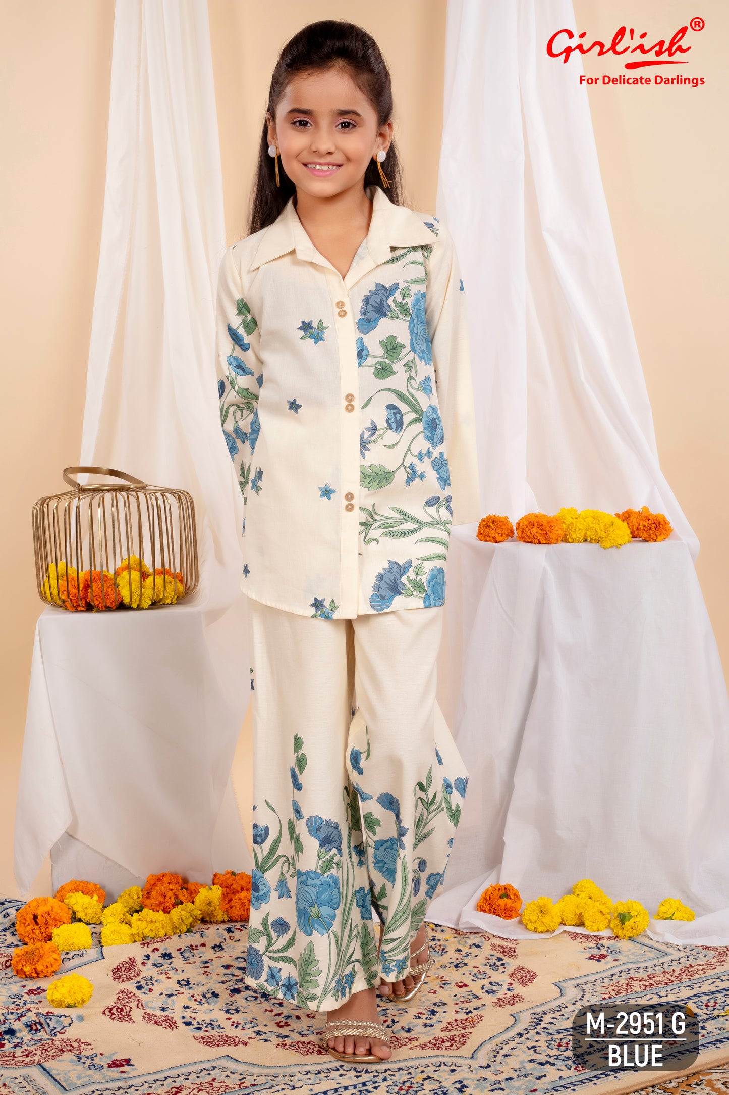 Girls’ Pure Cotton Offwhite Coord Set with Blue Floral Print | Label Anju Kumar