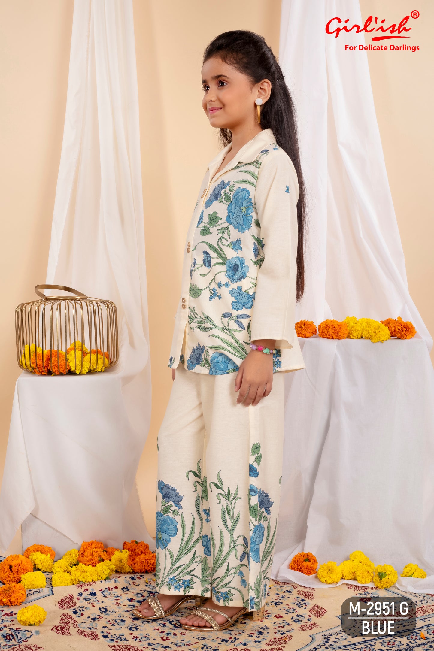 Girls’ Pure Cotton Offwhite Coord Set with Blue Floral Print | Label Anju Kumar