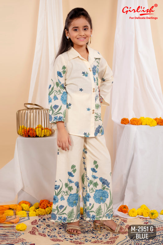 Girls’ Pure Cotton Offwhite Coord Set with Blue Floral Print | Label Anju Kumar