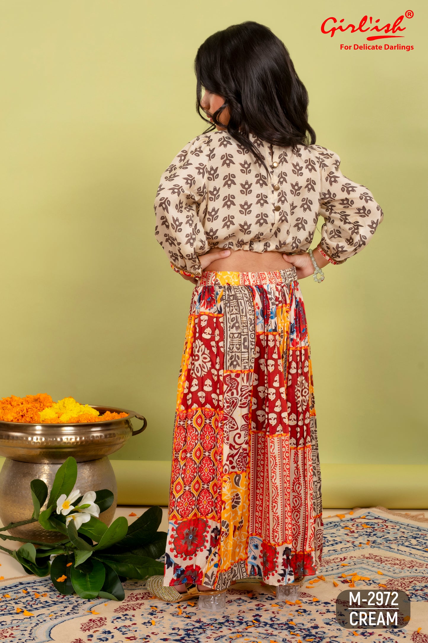 Crop top with sharara set in pure muslin for girls