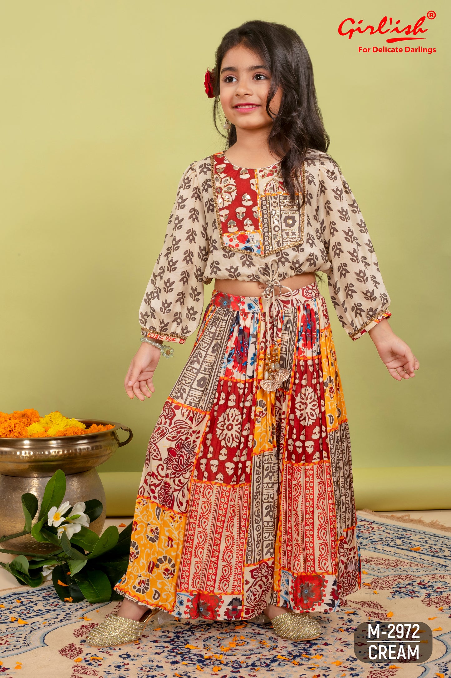 Crop top with sharara set in pure muslin for girls